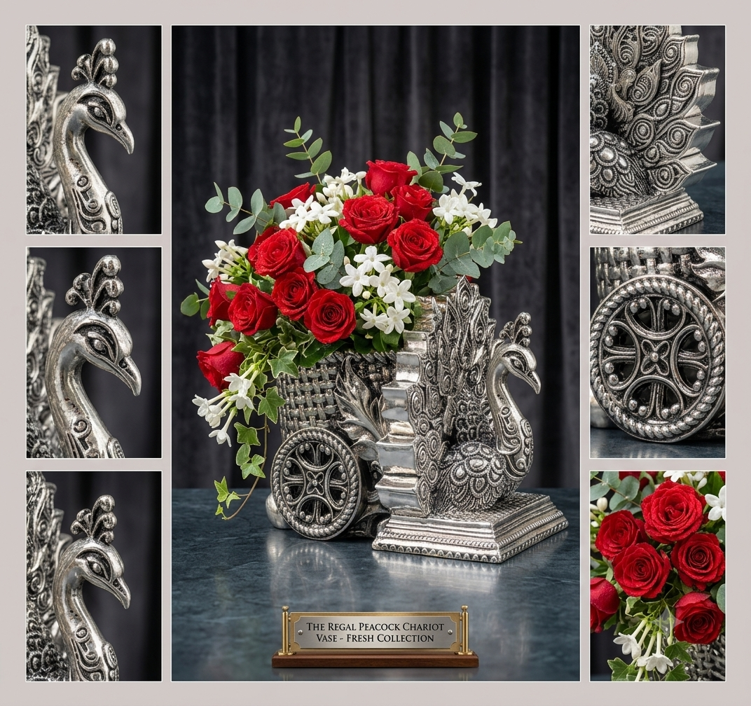 Regal  Peacock Chariot Silver Planter / Vase